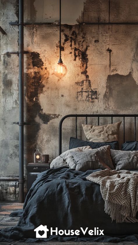 Dark And Stormy Bedroom, Dark Industrial Bedroom, Masculine Bedroom Ideas, Dark Industrial, Dark Cozy Bedroom, Bedroom Industrial, Moody Bedroom Ideas, Industrial Bedroom Design, Statement Artwork