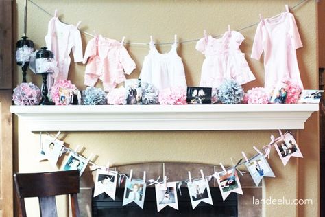 Pink and Grey Baby Shower Decor and Ideas | landeelu.com Easy and inexpensive decor for a sweet pink and grey baby shower! Grey Baby Shower Ideas, Homemade Baby Shower Decorations, Baby Shower Clothesline, Unique Baby Shower Decorations, Baby Shower Sweets, Grey Baby Shower, Elephant Shower, Chic Baby Shower, Shabby Chic Baby Shower