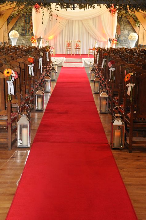 Red Carpet Aisle Runner at a colorful wedding reception. www.gotchacovered.ie Red Carpet At Wedding, Wedding Aisle Red, Red Aisle Runner Wedding, Church Wedding Decorations Aisle, Church Aisle Decorations, Wedding Ceremony Decorations Church, Wedding Aisle Outdoor, Church Aisle, Red Carpet Wedding