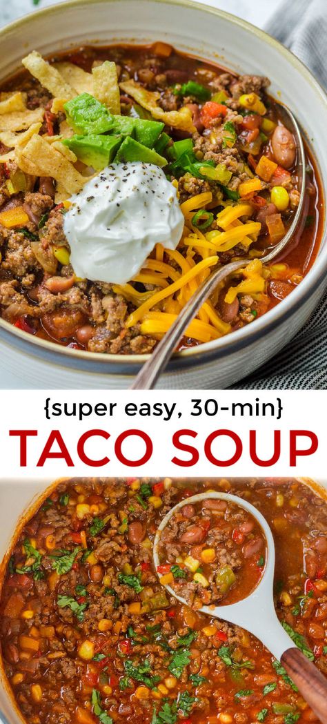 Easy Taco Soup Recipe, Vegetarian Tacos Recipes, Chicken Taco Soup Recipe, Baked Tacos Recipe, Taco Tuesday Recipes, Taco Soup Recipe Easy, Easy Taco Soup, Taco Soup Crock Pot, Chicken Taco Recipes