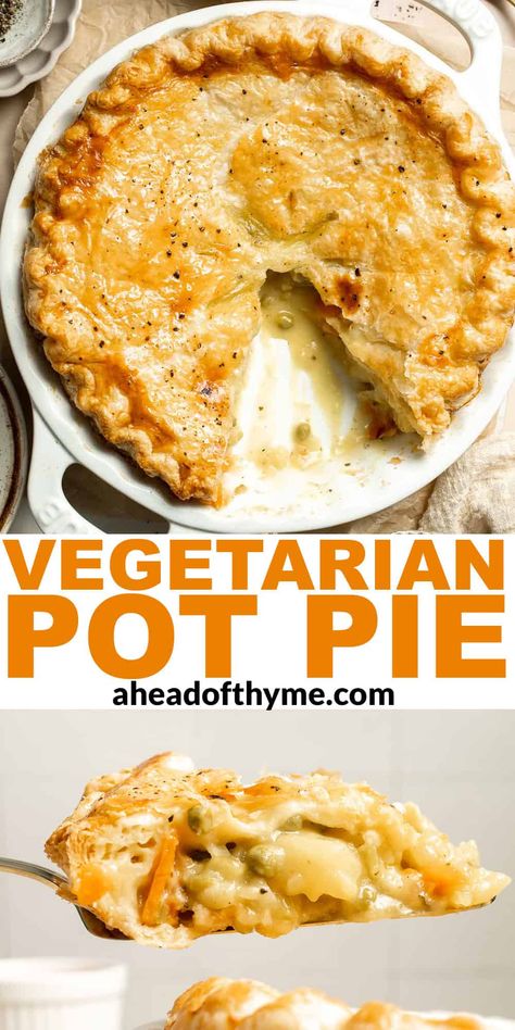 This Vegetarian Pot Pie is truly the ultimate comfort food. The creamy filling is loaded with tender veggies, all wrapped in a buttery, flaky puff pastry crust. It's easy to make using store-bought puff pastry, so don't let your pastry skills hold you back. It's a hearty, satisfying entree for a cold night in and makes a stand-out vegetarian centerpiece for any occasion! | aheadofthyme.com #vegetarianpotpie #potpie #vegetarianpie #veggiepie via @aheadofthyme Vegan Pot Pie Filling, Mini Vegetarian Pot Pies, Pot Pie Recipe Vegetarian, Turkey Pot Pie With Puff Pastry, Potpie With Puff Pastry, Pie For Dinner, Puff Pastry Recipes Vegetarian, Vegetarian Pies Savoury, Puff Pastry Recipes Savory Vegetarian