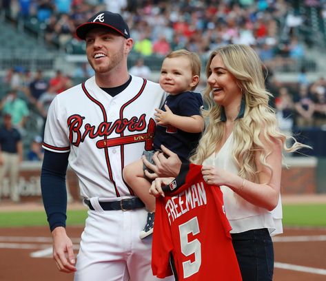 July 10, 2018 Atlanta: Atlanta Braves All-Star Freddie Freeman is presented his All-Star jersey by his wife Chelsea and son Charlie before playing the Toronto Blue Jays in a MLB baseball game on Tuesday, July 10, 2018, in Atlanta. Curtis Compton/ccompton@ajc.com  (ccompton@ajc.com/Curtis Compton) Mlb Cap Outfit, Mlb Tattoos, Mlb Outfits Woman, Mlb Shoes Korea, Mlb Game Outfit Woman, Mlb Baseball Game Outfit, Mlb Game Outfit, Mlb Baseball Wallpaper, Mlb Marichat