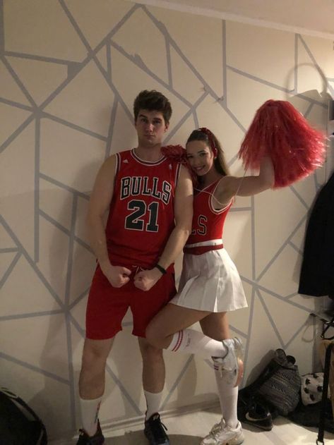 Basketball Couples Costumes, Basketball Couple Costumes, Basketball Costume Womens, Couple Cute Costumes, Halloween Costume Ideas Couple Cute, Basketball Cheerleader Couple, Cheerleader Couple Costume, Cute Matching Halloween Costumes Couples, Couple Halloween Costumes Basketball