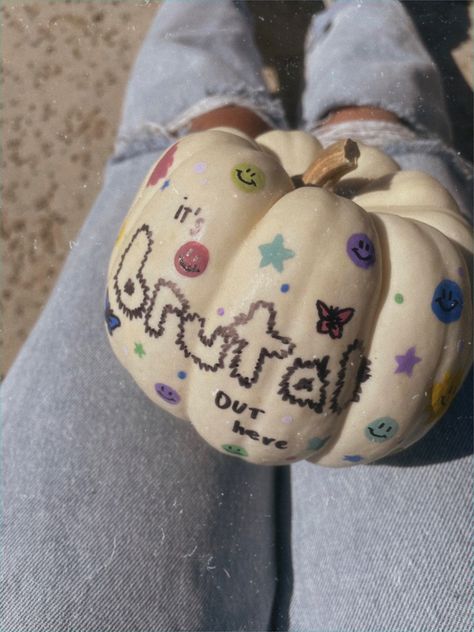 Olivia Rodrigo Pumpkin, Addi Core, Spicy Pisces, Creative Pumpkin Painting, Creative Pumpkin Decorating, Cute Pumpkin Carving, Olivia Lyrics, Olivia + Core + Aesthetic, Creative Pumpkin Carving