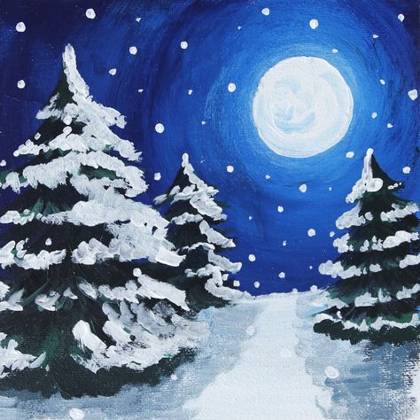 Easy Acrylic Painting | Winter Landscape | Acrylic Painting Tutorial For Beginners Painting Winter Scenes Easy, Painting Ideas For Winter, Easy Winter Paintings For Beginners Step By Step, Winter Art Painting Easy, Snowy Paintings Easy, Acrylic Painting Ideas Winter, Winter Landscape Drawing Easy, Winter Forest Painting Easy, Acrylic Snow Painting