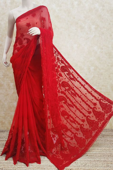 Red Chikankari Saree, Chickenkari Saree, Lucknowi Chikankari Saree, Chiffon Saree Party Wear, Saree Party, Saree Fancy, Chikankari Saree, Saree Party Wear, Lucknowi Chikankari