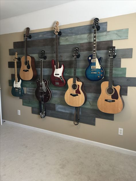 Decorate With Guitars, Decorating With Guitars, Displaying Guitars On Wall, Bedroom Ideas Guitar, Guitars Hanging On Wall, Display Guitars On Wall, Guitar Home Decor, Guitar Bedroom Ideas, Guitar Display Ideas