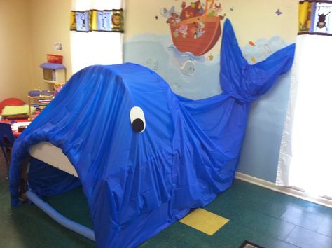 Jonah and the Whale. The kids loved going inside to play! Jonah And The Whale Props, Jonah Decorations Vbs, Whale Party Theme, Jonah And The Whale Decorations, Jonah And The Whale Vbs, Whale Decoration, Jonah Craft, Prop Idea, Submerged Vbs