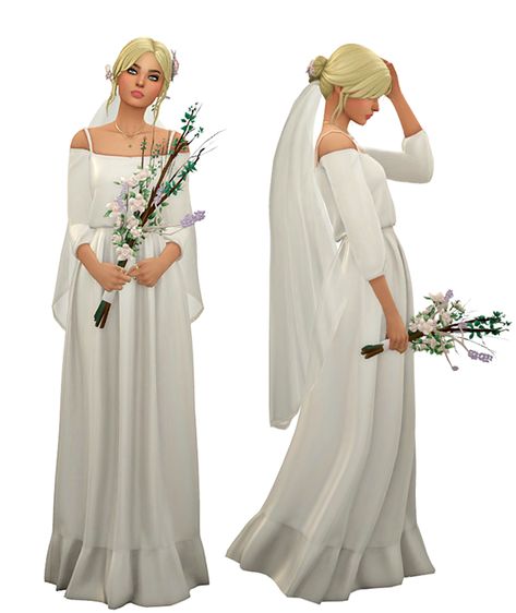 Sims 4 Historical Poses, Ts4 Cottagecore, Sims Wedding Dress, Cottagecore Wedding Dresses, Cottage Core Wedding Dress, White Flowery Dress, Cottagecore Wedding Dress, Sims 4 Wedding Dress, Cc Packs