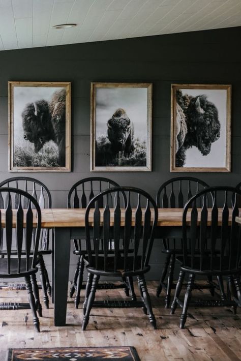 Learn how to create a cozy cabincore dining room with moody wall colors and stunning bison prints. Rocky Hedge Farm, Western Modern Dining Room, Moody Mobile Home, Western Farmhouse Dining Room, Double Wide Interior Remodel, Small Dining Room Ideas Cozy, Dining Room Shiplap Wall, Dining Room Repurpose Ideas, Double Wide Mobile Home Remodel