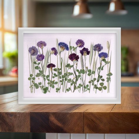 Blue cornflowers with dried wheat and meadow foliage, Handmade and unique home decor, Boho wall art, Pressed flower frame, Dried flowers Pressed Flowers On Canvas, Diy Pressed Flower Art, Frame Dried Flowers, Dried Flowers Crafts, Pressed Flowers Diy, Drying Flowers, Minimalist Wall Art Printable, Pressed Flower Frame, Dried Wheat