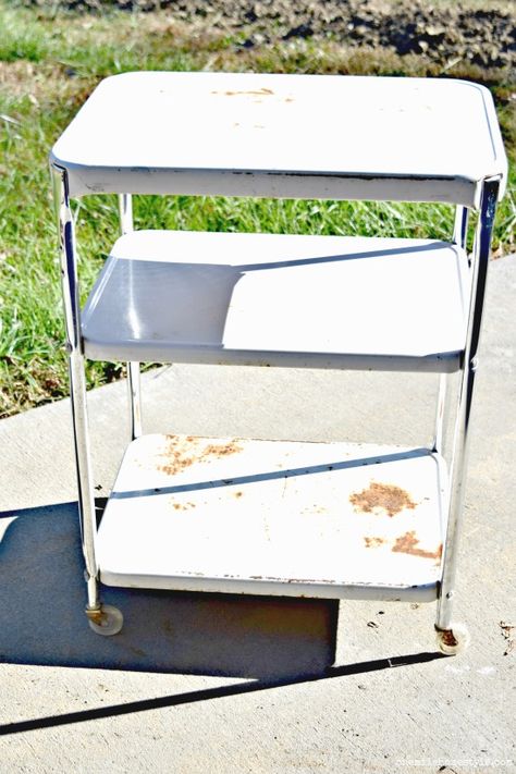 Kitchen Cart Decor, Kitchen Cart Makeover, Furniture Refinishing Techniques, Metal Step Stool, Elegant Farmhouse Decor, Vintage Carts, Vintage Tea Cart, Kitchen Carts On Wheels, Vintage Makeover