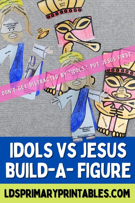 This super unique, super fun puzzle craft includes a Jesus figure and an idol figure. Ask the kids for examples of how they can put the Lord first and things that they might be tempted to worship (idols) instead of the Lord. Each piece of the Jesus figure contains examples of a way we can put the Lord first while the idol figure contains examples of "idol" worship things. #ldsprimaryprintables #comefollowme #comefollowmeforkids #primaryteacherprintables #familyhomeevening #ldsprimaryteacher No Idols Bible Craft, Uplifting Books, Idol Worship, Lds Youth, Bible Activities For Kids, Vbs 2024, Primary Activities, Religious Crafts, Christian Crafts