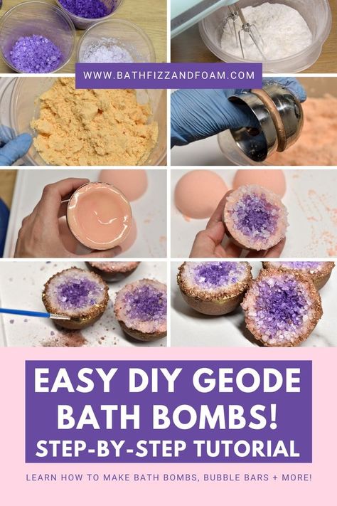 Colored Salt, Salt Making, Bath Gifts, Bath Bomb Recipe, Diy Geode, Round Bath, Bath Fizz, Bombe Recipe, Homemade Bath