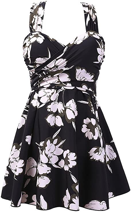 COCOPEAR Women's Elegant Crossover One Piece Swimdress Floral Skirted Swimsuit(FBA) Black Floral 5XL/24-26 at Amazon Women’s Clothing store Pin Up Swimsuit, Padded Swimwear, Under The Skirt, Skirted Swimsuit, Retro Swimsuit, Swimsuit Sale, Plus Size Swim, Women Swimwear, Curvy Dress