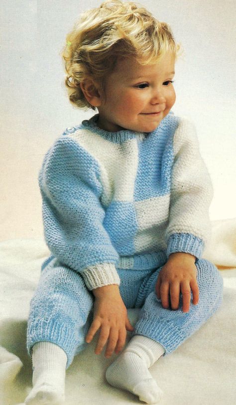 Baby Boys Girls Easy Knit Block Sweater Jumper & Trousers Garter Stitch PDF Knitting Pattern DK ( 8ply ) 16 - 24" 0 - 4 yrs Vintage Download by Purl4fun on Etsy Knitting Blocking, Work Flats, Easy Knit, Colour Ideas, Pdf Knitting Pattern, Sweater Jumper, Simple Girl, Garter Stitch, Block Design