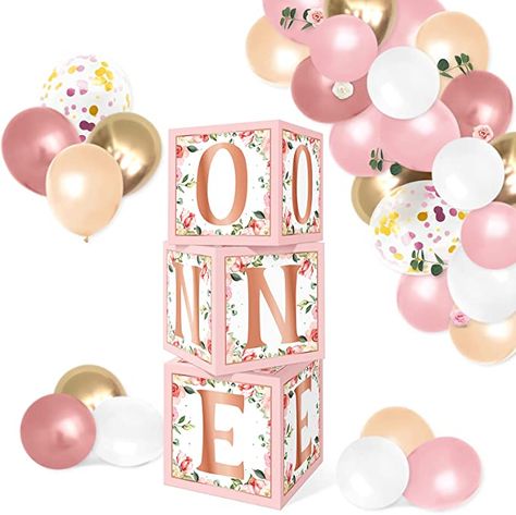 AmazonSmile: Rose Gold Floral One Balloons Boxes Decoration Baby First Birthday Backdrop Blocks Pink Flowers Photo Centerpieces One Year Anniversary Celebration Favor Ideas : Toys & Games First Birthday Backdrop, Photo Centerpieces, Spring Party Decorations, First Birthday Balloons, 1st Birthday Girl Decorations, Baby Cake Smash, Rosé Theme, Floral Balloons, Balloon Box