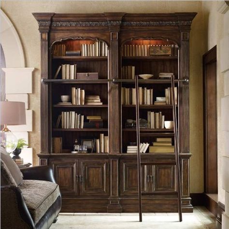 Someday!!! Dark Wood Bookshelves, Dark Bookcase, Dark Wood Bookcase, Double Bookcase, Bookcase Ladder, Creative Bookshelves, Bookcase Decor, Library Wall, Wood Bookshelves