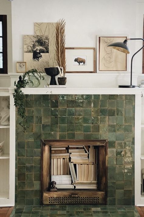 White Fireplace With Tile, Unique Tile Fireplace, Fireplace Green Tile, Colorful Fireplace Tile, Colonial Fireplace Makeover, Zellige Tile Fireplace Surround, Green Tile Fireplace Surround, Green Tiled Fireplace, Artsy Fireplace