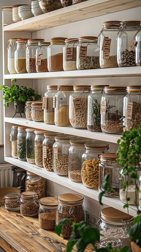 Organized kitchen pantry with clear glass jars filled with pasta, beans, and spices on rustic wooden shelves Pasta Organization, Kitchen Pantry Ideas, Pasta Storage, Kitchen Pantry Organization, Modern Pantry, Rustic Wooden Shelves, Organized Kitchen, Pantry Ideas, Kitchen Organization Pantry