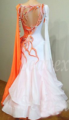 Women Ballroom Rhythm Tango Waltz Dance Dress US 6 UK 8 Orange White Beads Waltz Dance Dress, Tango Dance Dress, Smooth Dance Dresses, Standard Dance Dress, Waltz Dance, Ballroom Gowns, Tango Dress, Competition Dress, Argentine Tango