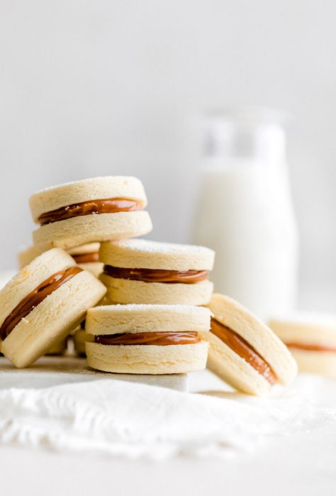 Homemade Alfajores - Yoga of Cooking Alfajores Recipe, Buttery Shortbread Cookies, Popular Desserts, Filled Cookies, Buttery Cookies, Hispanic Food, Cooking Prep, Cannoli, Sandwich Cookies