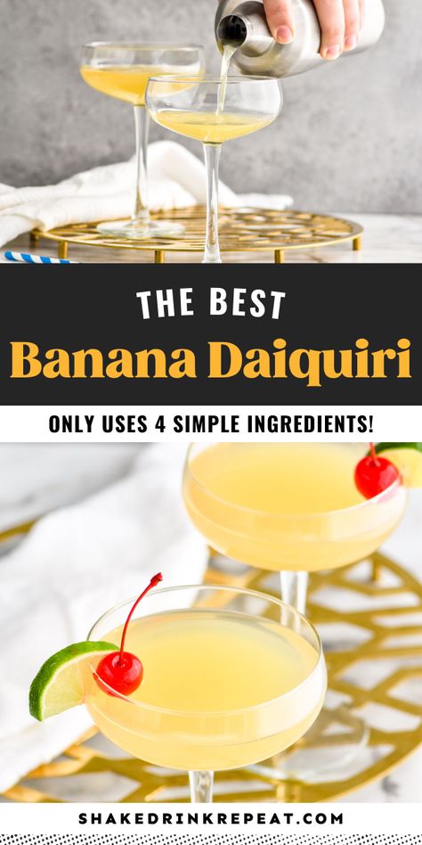 A Banana Daiquiri is a fruity twist on the classic Daiquiri cocktail. A balanced and sweet slow sipper, the intriguing contrast of flavors is a pure delight. Banana Liquer Cocktails, Banana Daiquiri Recipe, Refreshing Rum Drinks, Banana Daquiri, 2024 Cocktails, Classic Daiquiri, Banana Daiquiri, Banana Cocktails, Coco Lopez