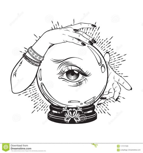 Hand Drawn Magic Crystal Ball With Eye Of Providence In Hands Of Fortune Teller. Boho Chic Line Art Tattoo, Poster Or Altar Veil P Stock Vector - Illustration of etched, antique: 117117400 Crystal Ball Tattoo, Magic Crystal Ball, Kartu Tarot, Tattoo Poster, Line Art Tattoo, Tattoo Posters, Magic Crystal, Eye Of Providence, Line Art Tattoos