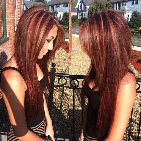 Mahogany Hair Color, Dimensional Color, Highlights - Balayage Hairstyles with Straight Long Hair Red Hair With Caramel Highlights, Hairdye Ideas, Auburn Blonde, Brown Auburn Hair, Berry Hair, Haircolor Ideas, Hair Color Mahogany, Mahogany Hair, Fall Hairstyles