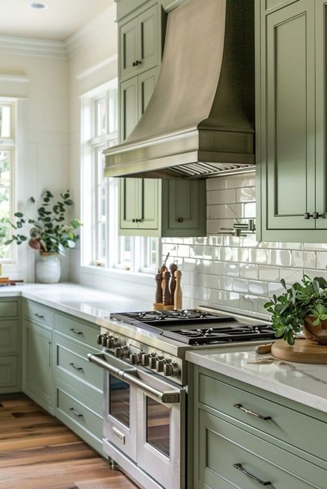 23 Green Kitchen Ideas That Will Make You Swoon Green And Grey Kitchen Cabinets, Kitchen Backsplash Ideas For Sage Green Cabinets, White Green Kitchen, Green Cottage Kitchen, Kitchens 2024, Green Country Kitchen, Green Kitchen Ideas, Green Tile Backsplash, Light Green Kitchen