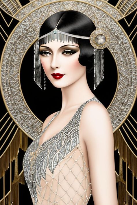 Luxurious flapper trend evening dress by Catrocks - Playground Art Deco Drawing, Art Deco Portrait, Erte Art Deco, 1920s Glamour, Art Deco Women, Art Deco Illustrations, Art Deco Artists, Copper Wire Art, Abstract Posters