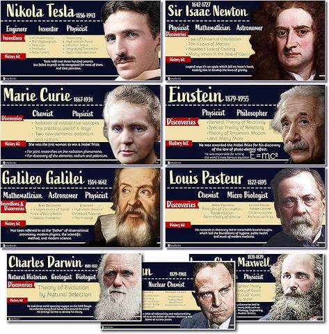 Amazon.com : Famous Scientists Poster bulletin board set, 9 charts pack Glossy Paper (9"x19") Young N Refined : Office Products Classroom Posters High School, What Do Scientists Do, Famous Mathematicians Poster, Famous Scientists Posters, Types Of Scientists, Albert Einstein Biography, Famous Scientist, Hydroelectric Power, Bulletin Board Sets