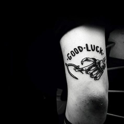 Masculine Good Luck Tattoos For Men On Tricep Make Your Own Luck Tattoo, Good Luck Tattoos For Men, Triceps Tattoo Men, Good Luck Tattoos, Triceps Tattoo, Luck Tattoos, Back Neck Tattoo, Good Luck Tattoo, Lucky Design