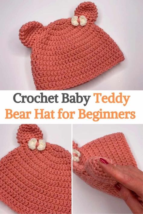 This video tutorial will teach you how to crochet this super cute and easy teddy bear hat for babies 9-12 months. You will love crocheting this cute baby hat because it is very easy to do and in the end, you will have a fun and warm hat with teddy bear ears for your baby. While making a baby hat is fairly easy, some measurements are necessary to get the right size, although it's not always possible to measure a baby's head, especially if it's a gift for an unborn baby. In the video tutorial... Crochet Baby Teddy, Crochet Toddler Hat, Teddy Bear Ears, Baby Boy Teddy Bear, Crochet Bear Hat, Teddy Bear Hat, Baby Hat Free Pattern, Crochet Applique Patterns Free, Baby Teddy Bear