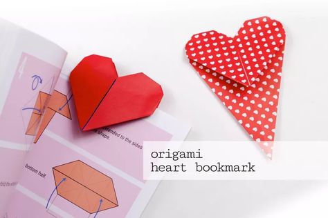 Origami Heart Bookmark Instructions Origami Bookmarks, Origami Paper Folding, Origami Star Box, Tutorial Origami, Origami Ball, Origami Bookmark, Origami For Beginners, Heart Bookmark, Cute Origami