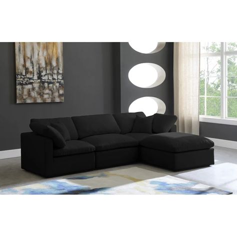 Latitude Run® Atis 105" Wide Velvet Reversible Sofa & Chaise with Ottoman & Reviews | Wayfair Black Sectional, Ottoman Black, Velvet Sectional, Black Velvet Fabric, Sectional With Ottoman, Plush Collection, Modular Sectional Sofa, Meridian Furniture, Upholstered Sectional