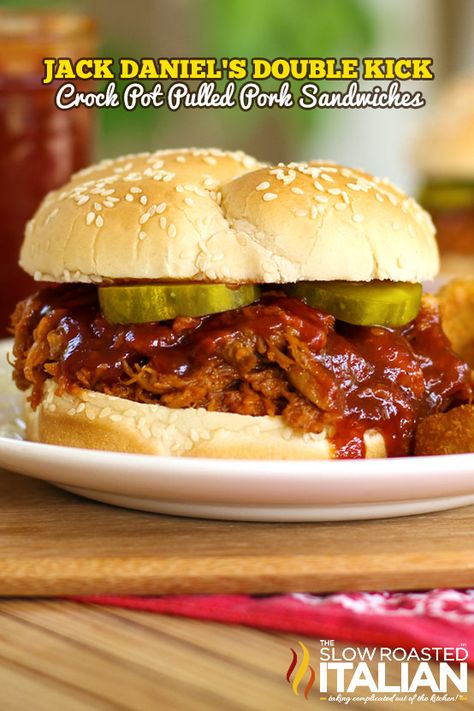 Jack Daniels Double Kick Crockpot Pulled Pork Sandwich is fabulously moist, so tender it falls apart and unbelievably delish. Perfect meal anytime.  Packed with our favorite smoky and sweet Jack flavors with a double kick! Pulled Pork Sandwiches Crock Pot, Slow Cooker Pulled Pork Sandwiches, Crock Pot Pulled Pork, Work Food, Pork Sandwiches, Crock Pots, Crockpot Pulled Pork, The Slow Roasted Italian, Slow Cooker Pulled Pork