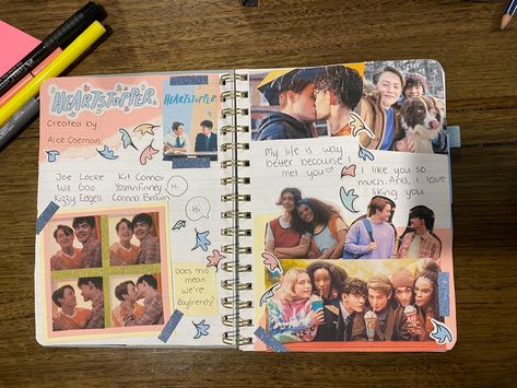 Hello ! This is my film journal page for the TV show Heartstopper <33 Tv Shows Journal Page, Tv Show Journal Ideas, Film Journal Cover Ideas, Heartstopper Journal Page, Heartstopper Book Pages, Heartstopper Diy Ideas, Tv Show Scrapbook, Film Journal Cover, Heartstopper Crafts