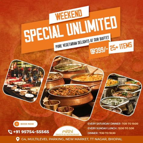 Best Veg Buffet in Bhopal | Mithi Sweets And Restaurant Bhopal Vegetarian Buffet, Food Post, Lunch Buffet, Adobe Illustrator Graphic Design, Buffet Restaurant, Sunday Lunch, Catering Services, Creative Ads, Buffet Table