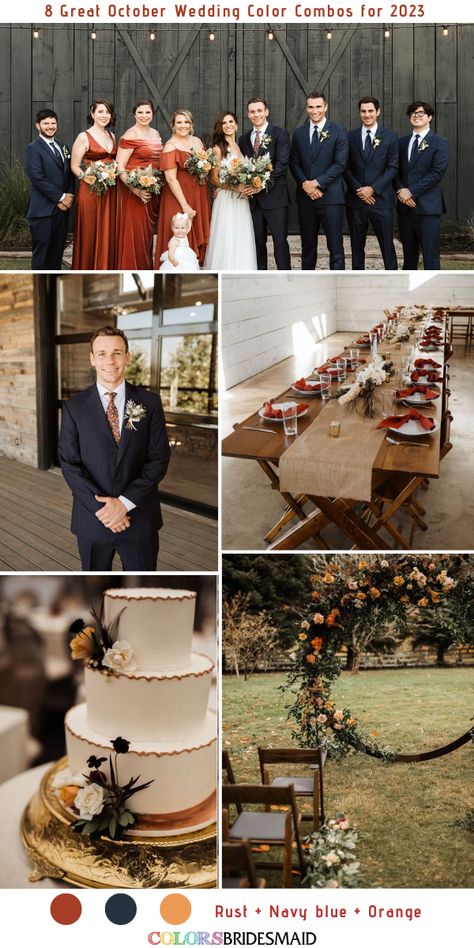 All 50+ Fall Wedding Color Palettes - ColorsBridesmaid Vintage Orange Wedding Colors, Navy Blue And Rust Orange Wedding, Groomsmen Rust, Rust Orange Wedding Color Combos, Dusty Blue And Rust Wedding, Rust And Navy Blue Wedding, Copper And Blue Wedding, Navy Blue And Terracotta Wedding, White Corsages