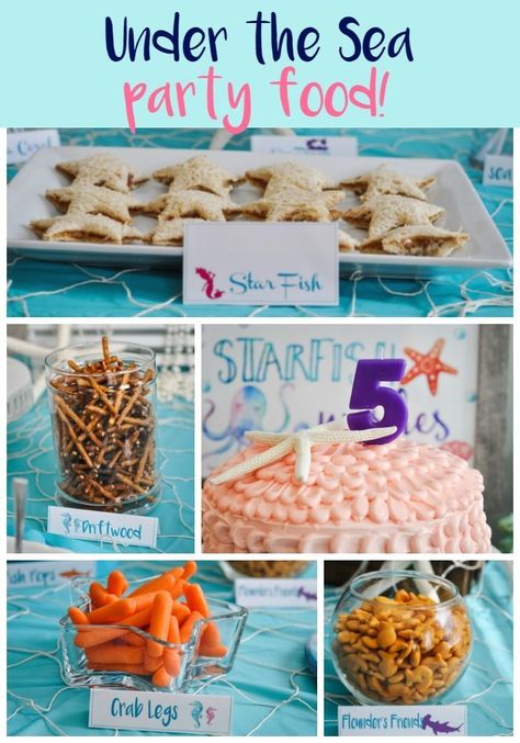 under the sea or mermaid party food! Under The Sea Party Treats, Mermaid Birthday Party Food Labels, Under The Sea Savory Food, Under The Sea Party Desserts, Mermaid Party Food Labels Free Printable, Under The Sea Party Snacks Food Ideas, Under The Sea Theme Desserts, Easy Mermaid Party Decorations, Under The Sea Birthday Snacks