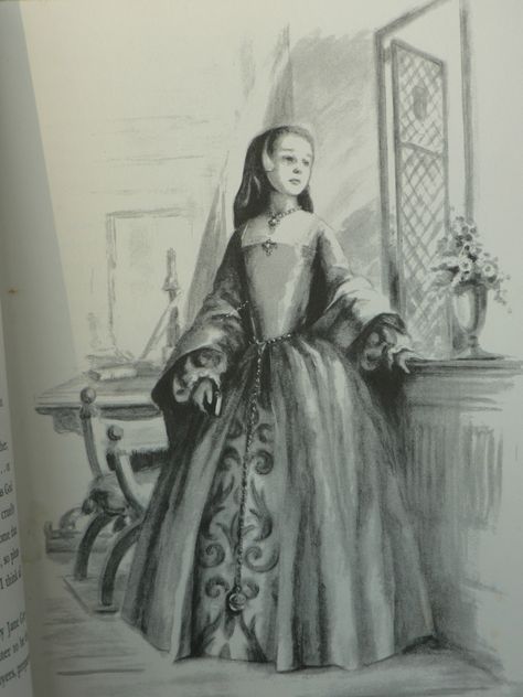 Book Lady Jane Grey by Marguerite Vance, ilustrated by Nedda Walker, 1952.[One of the illustrations I loved as a child.--Tamar Heller] Lady Jane Grey Aesthetic, Tudors Aesthetic, Tudor Clothes, Tudor Women, 16th Century Paintings, Tudor Art, 16th Century Portraits, Historical Aesthetic, Anne Neville