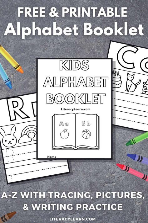 Graphic with three pages of the pdf on a gray background with the words "Free & Printable Alphabet Booklet." Alphabet Books For Preschool, Free Preschool Printables Alphabet, Preschool Alphabet Book, Letters Preschool, September Preschool, Trace Letters, Letter Matching Activities, Free Printable Alphabet, Homeschooling Preschool