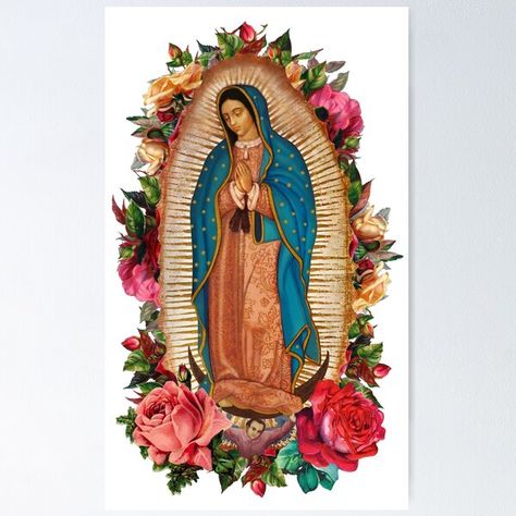 "Our Lady of Guadalupe Flowers" Poster by vagonart | Redbubble The Virgin Of Guadalupe, Virgin Mary Art, Flowers Poster, Virgin Of Guadalupe, Mickey Mouse Art, Our Lady Of Guadalupe, Lady Of Guadalupe, Christmas Tag, Color Rosa