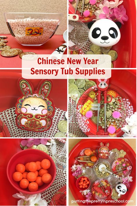 Super fun supplies for a Chinese Lunar New Year sensory tub invitation to play your early learners will love to investigate. Lunar New Year Sensory Bin, Lunar New Year Montessori, New Year Sensory Play, New Year Sensory Bin, China Activities For Kids, Lunar New Year Activities, Chinese New Year Traditions, New Year Traditions, Toddler Sensory Bins