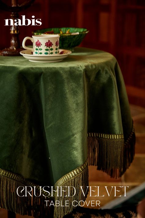 Crushed velvet with elegant trim detail table cover. Home and dining decor textiles Luxury Table Cloth, Fancy Tablecloth, Luxury Tablecloth, Velvet Table Cloth, Convention Booth, Horse Throw Pillows, Table Fabric, Shopping Mall Design, Velvet Table