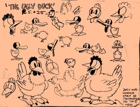 Ugly Duck 1930s Cartoons, Cartoon Chicken, Cartoon Drawing Tutorial, Old School Cartoons, Bunny Painting, Cartoon Birds, Character Model Sheet, Model Sheet, Walt Disney Animation