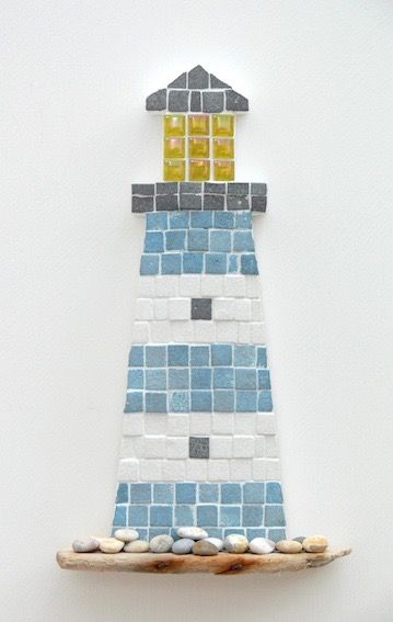 Blue and White Lighthouse Mosaic Wall Art by Rana Cullimore www.ranacullimore.co.uk Nautical Mosaic, Easy Mosaic, Mosaic Tiles Crafts, White Lighthouse, Mosaic Art Diy, Mosaic Pots, Mosaic Art Projects, Mosaic Stained, Mosaic Tile Art