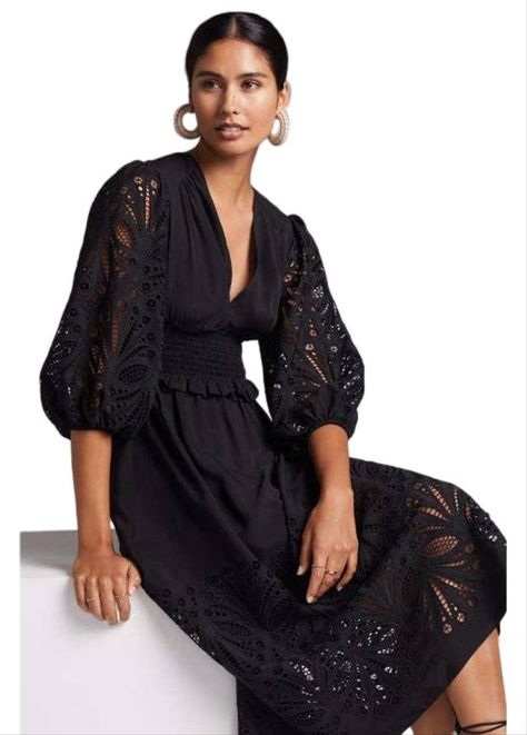 New Anthropologie Shoshanna Embroidered Lace Midi Dress Retail $440 Black Size 4-6. ? Featuring an abundance of stunningly embroidered lace, this dress makes a sleek and sophisticated addition to your closet. About Shoshanna A born-and-bred Manhattanite, Shoshanna Gruss studied art history before pursuing her passion for design full-time. Her dedication to flattering silhouettes and a penchant for whimsical details have made her a mainstay in the industry since the debut of her first dress colle Black Embroidered Dress, Black Dress Outfits, Casual Day Dresses, Lace Midi, Night Out Dress, Lace Midi Dress, 50 Fashion, Anthropologie Dress, Buy Dress