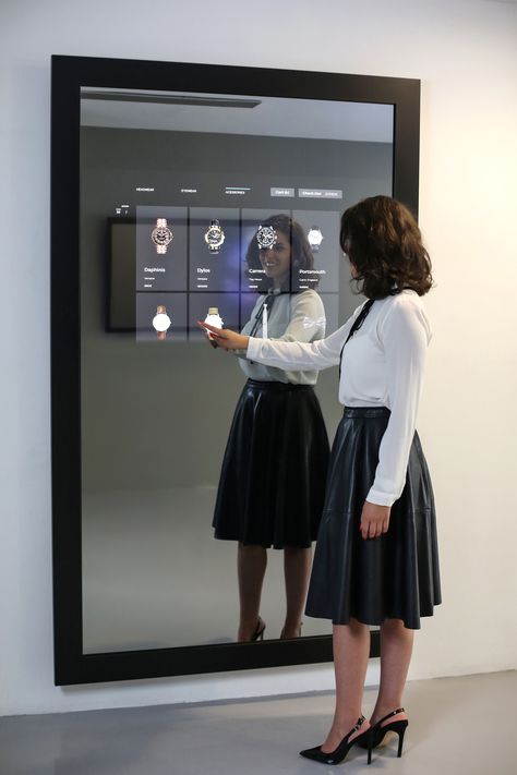 DISPLAX HQ Showroom Interactive Mirror concept to showcase the potential of multitouch technology. Interactive Mirror, Digital Mirror, Multimedia Technology, Gym Mirrors, Smoked Mirror, Smart Mirror, Fashion Mirror, Magic Mirror, Dressing Mirror